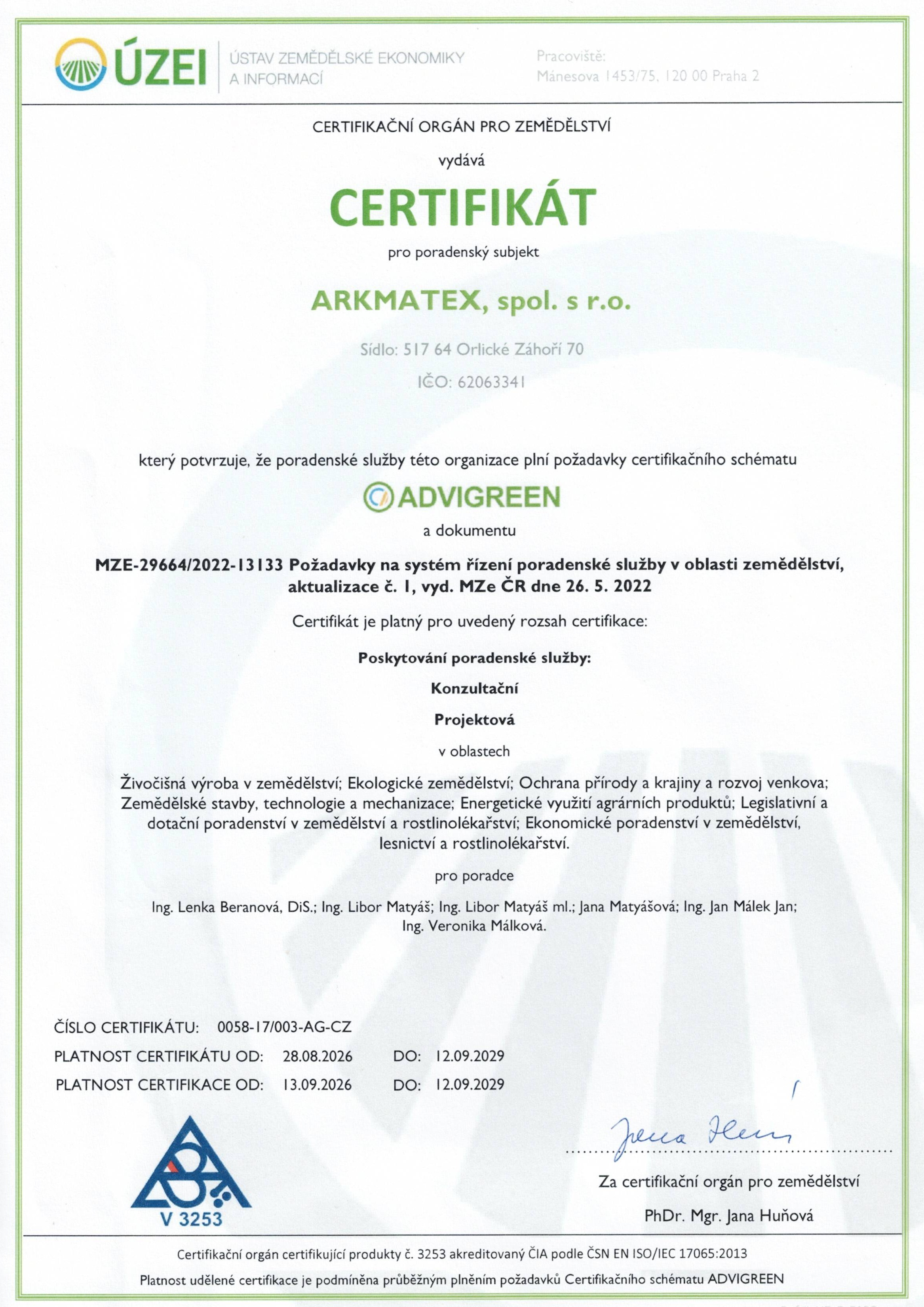 Certifikát web 12.9.2029 Arkmatex Advigreen